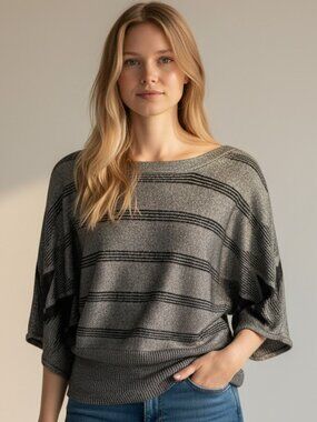 Joseph A Black Metallic Zigzag Batwing Top Size M